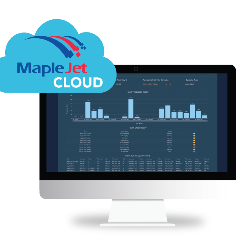 MapleJet Cloud displaying real-time production reports for improved efficiency with MapleJet Printing Solutions and MapleJet Industrial Printers.