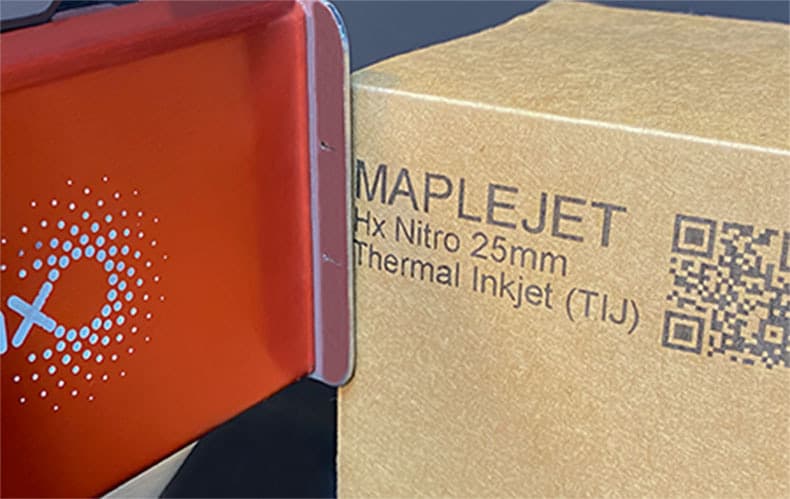 MapleJet Hx Nitro25w printing on secondary packaging, corrugated cardboard box.