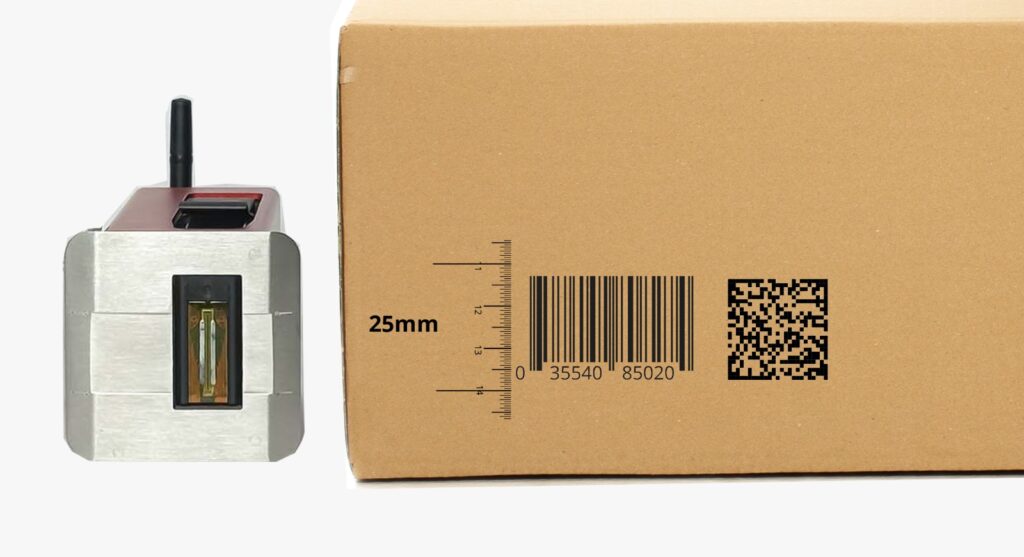 Hx Nitro 25w QR code barcode printing, and printhead scale on corrugated cardboard Box