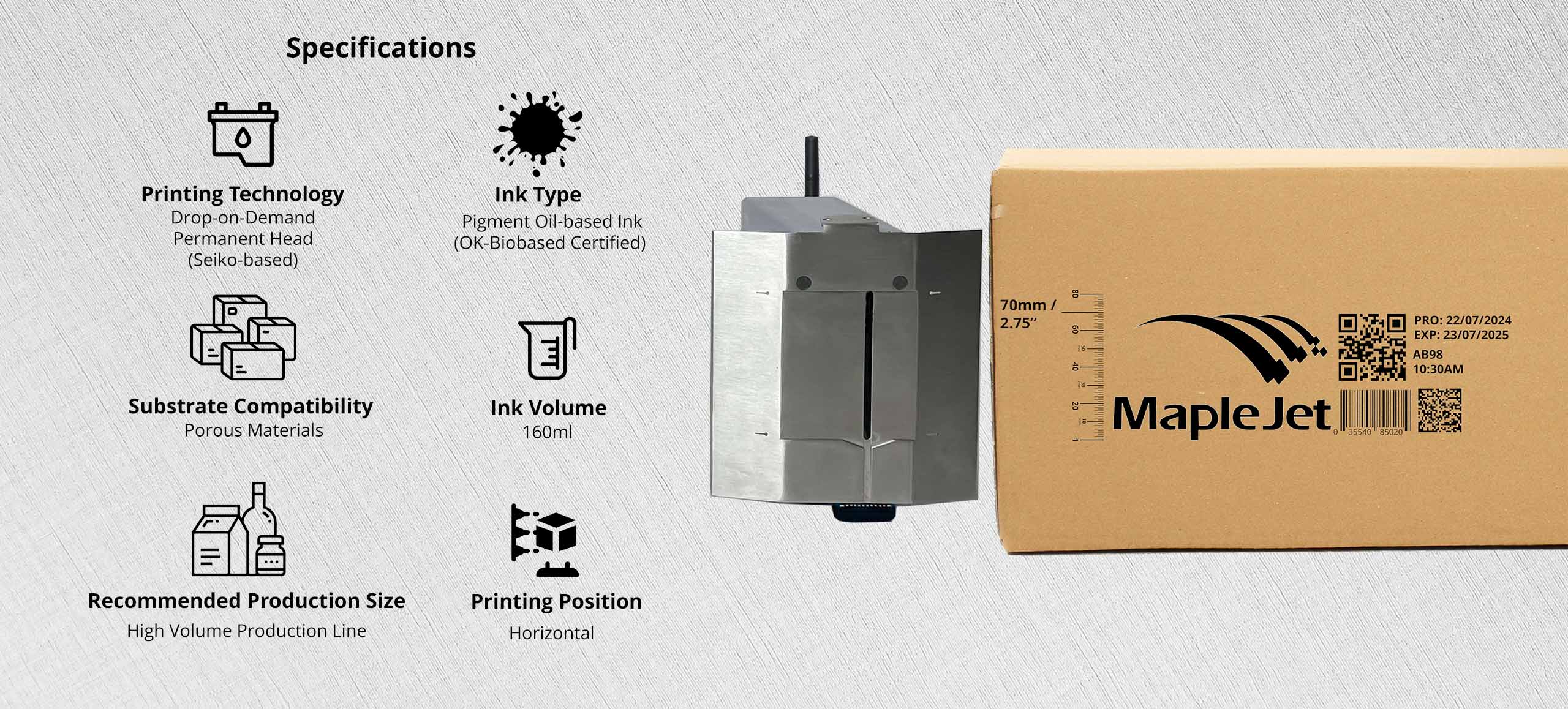 Megalo Industrial Inkjet Printer showing specilications of the printer